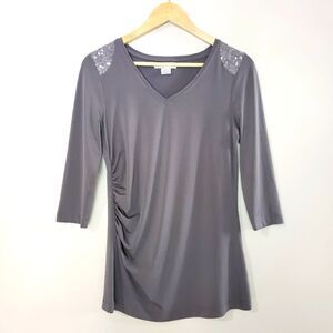 🦋3/$25 Liz Claiborne Small Gray Ruched 3/4 Sleeve Tunic Top With Sequence